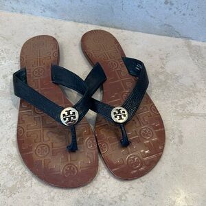 Tory Burch  Tan and Black  Leather Gold Logo Flip Flop Thong Sandal Size 9